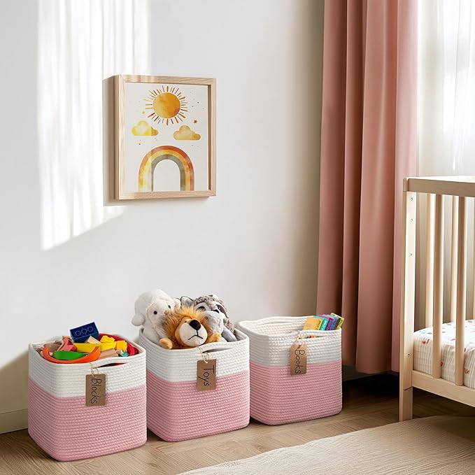 INDRESSME 11x11 Cube Storage Bins, 3-Pack Stuff Animal Storage Baskets for Gifts Pink Storage Bins for Classroom Cube Baby Nursery Basket, Closet, Small Kids Toy Basket