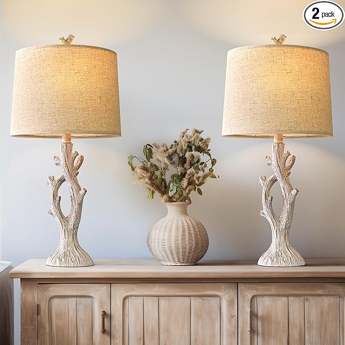 OYEARS Farmhouse Table Lamps Set of 2 for Living Room Bedroom Bedside Tree Lamp Nightstand End Table 25" Lamps Vintage Natural Style