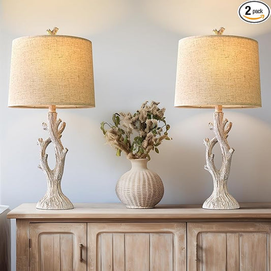 OYEARS Farmhouse Table Lamps Set of 2 for Living Room Bedroom Bedside Tree Lamp Nightstand End Table 25" Lamps Vintage Natural Style