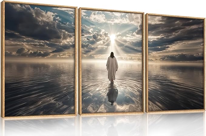 HPNIUB Jesus Canvas Wall Art Set, Jesus Walking On Water Framed Wall Decor Christian Religious Modern Serenity Prayer Art Prints Artwork for Living Room,Bedroom,Farmhouse,Prayer Room-16 x24 x3