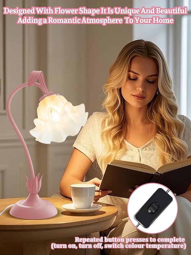 Flower Table Lamp Bedside Lamps LED Reading Light,3 Color Modes Cute Small Lamp,Vintage Flower Lamp Nightstand Lamp Kawaii Table Lamp for Bedroom Living Room Office Dorm Desk Home Decor (pink lamp)