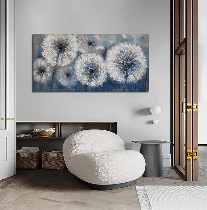 Dandelion Wall Art Blue Large Picture for Living Room Canvas Art Wall Decor Above Bed White Flower Artwork for Walls Wall Paintings Modern Art Aall Decor Framed Wall Art for Bedroom 29×58IN