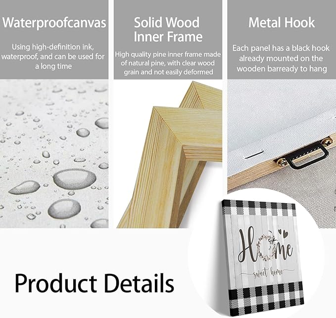 Black and White Canvas Wall Art 12x16in Sweet Home Wall Decor Rustic Plaid for Home Office Bathroom Bedroom Decor Canvas Wall Art