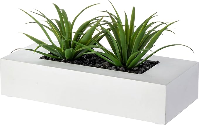 MyGift 10 Inch Artificial Grass Fake Plants in White Rectangular Wood Planter - Faux Plants Indoor for Tabletop Centerpiece Décor