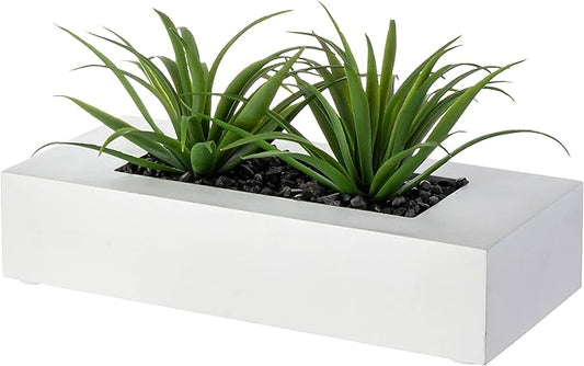 MyGift 10 Inch Artificial Grass Fake Plants in White Rectangular Wood Planter - Faux Plants Indoor for Tabletop Centerpiece Décor