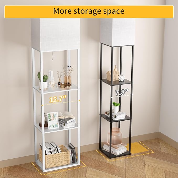 Dott Arts Floor Lamp with Shelves, Wide Floor Lamps for Living Room Display Shelf Lamps with 3 Color LED Bulb,Storage Wood Modern Floor Lamp for Bedroom Standing Lamp for Living Room Office（White）