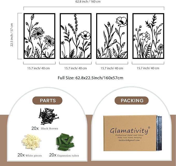 Glamativity 4 Pcs Black Abstract Flowers Metal Wall Art, Minimalist Floral Single Line Wall Décor, 3D Textured Sculptures, Rustic Nature Wall Art Décor for Living Room, Bedroom, Study (L Size 22.5x15.7'')