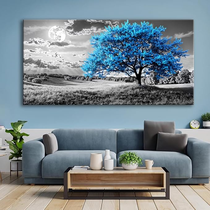 Blue Tree Canvas Wall Art - Modern landscape Paintings for Living Room, Bedroom Wall Decor, Framed Wall Art for Home or Office Decoration, Large Wall Art 20"x40"(50CMx100CM)