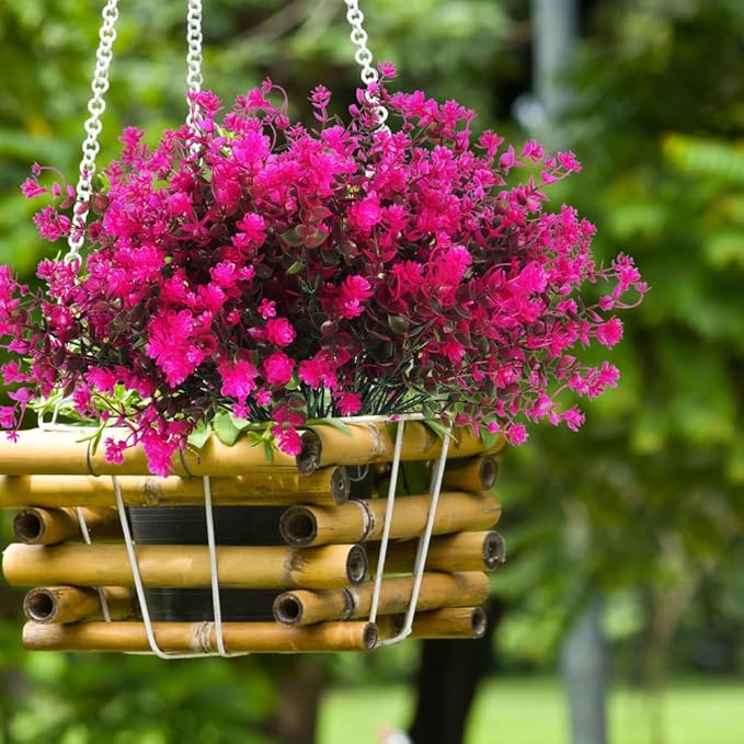 Boxwood Springs, Artificial Flowers Fake Outdoor UV Resistant Boxwood Plants Shrubs 10 Packs, Faux Plastic Greenery for Hanging Planter Home Office Wedding Farmhouse Indoor Outside Decor(Fuchsia)