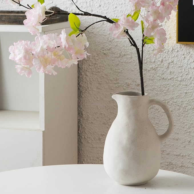 Kimdio Ceramic Vase with Handle, Modern Farmhouse Pitcher Vase for Home Decor, Rustic Pottery Vase, Decorative Flower Vase, Clay Vase, Centerpieces for Living Room