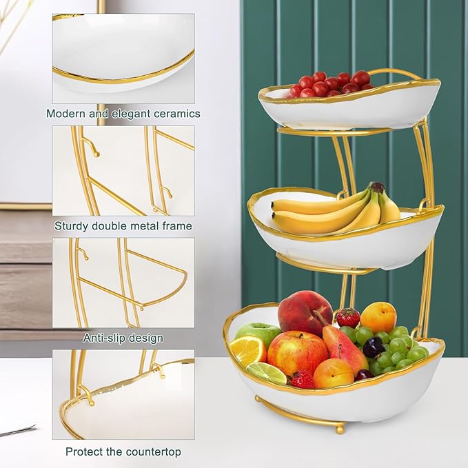 3 Tier Fruit Bowl for Kitchen Counter, Ceramic Serving Bowls with Gold Metal Stand, Tiered Fruit Basket Display Rack for Fruits Vegetable Snack Nuts Cake Dessert Storage