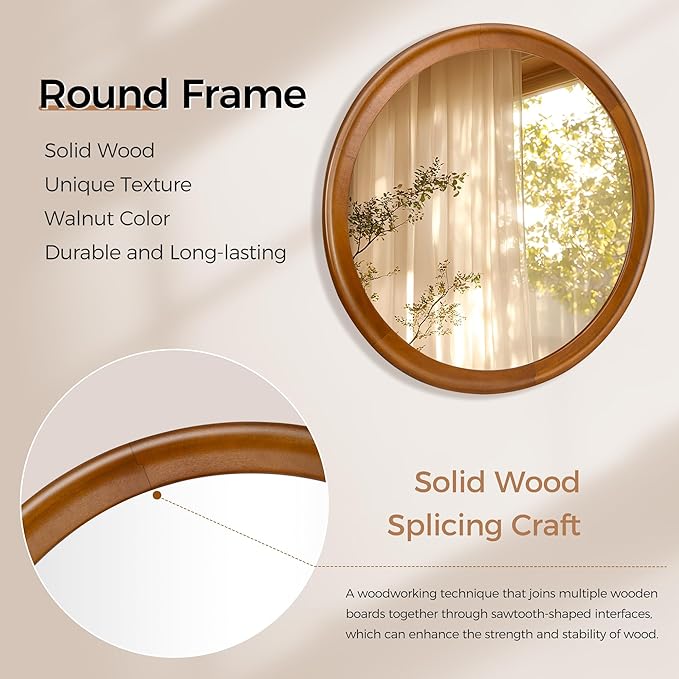 Round Wood Mirror for Wall,36 Inch Circle Decorative Mirror with Walnut Frame,Rustic Bathroom Hanging Vanity Mirror for Entryway,Bedroom or Living Room