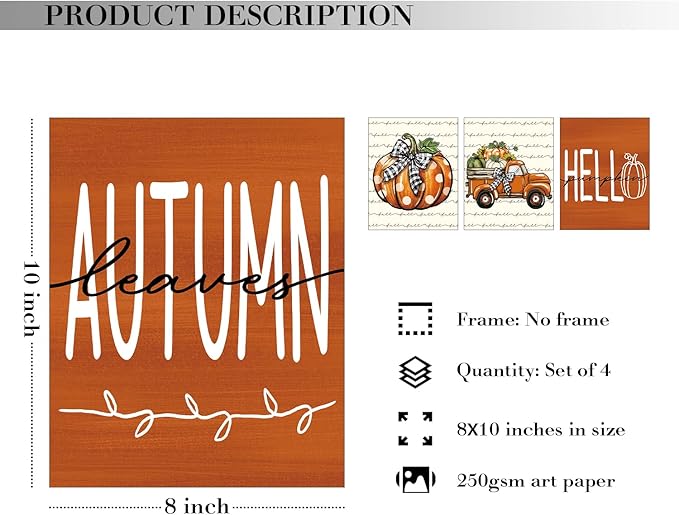 JXREQ Fall Decor Pumpkin Wall Art Hello Pumpkin Posters, Rustic Farmhouse Truck Autumn Leaves Wall Decor, Fall Art Prints for Harvest Thanksgiving Kitchen Bedroom Living Room, 8x10 Inch 4Pcs Unframed