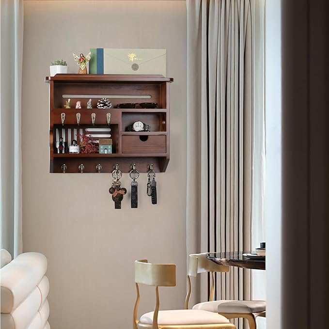 Key Holder for Wall, Mail Organizer Wall Mount with Storage Drawer and 10 Hooks, Easy Installation Key Holder Wall Mount for Home Decor, Walnut