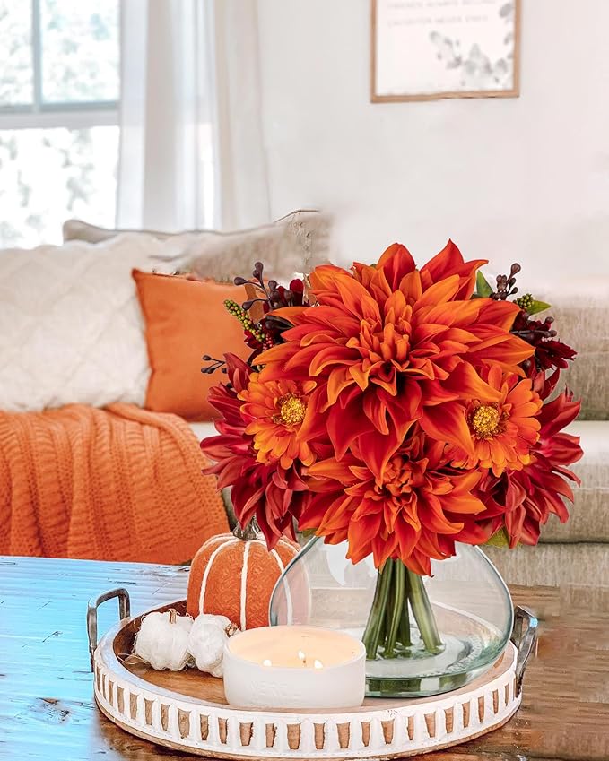 Briful Faux Fall Flowers in Vase, Artificial Dahlia & Mum Silk Floral Arrangement with Clear Glass Vase Fake Autumn Flowers Bouquet for Home Office Dining Room Table Centerpiece Decoration