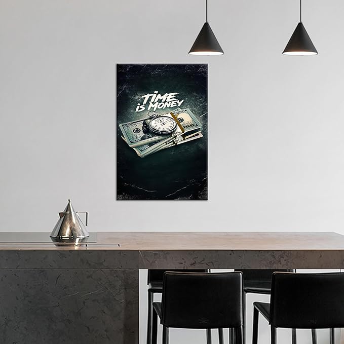 Inspirational Canvas Wall Art Time is Money Poster Print Motivational Pictures Vintage Painting Home Decor Artwork for Living Room Bedroom Office Decoration Framed Ready to Hang [18''W x 12''H]