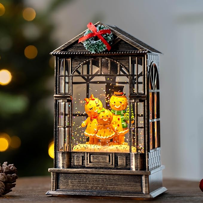 Christmas Snow Globe, Lighted Gingerbread Man Family Scene, Musical Snow Water Lantern Swirling Glittering Holiday Decoration and Gift for Family Children or Friends