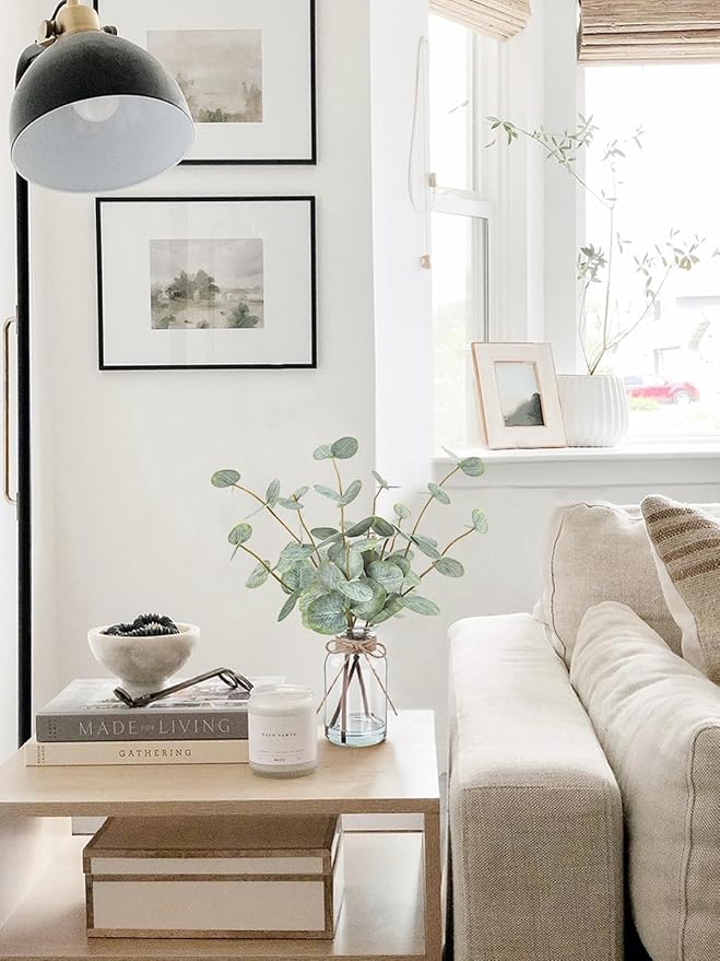 Artificial Eucalyptus Stems in Glass Vase with Faux Water, 13.5” Fake Plants for Home Decor, Coffee Table Centerpieces, Office, Bathroom & Farmhouse Weddings - Faux Greenery Plants Decorations