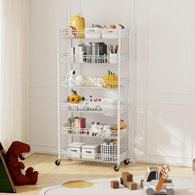 6 Shelves Storage Shelf Wire Closet Bathroom Organizers Metal Pantry Kitchen Garage Shelving Unit Laundry Room Organization Home Rack Net Basket White with Wheels 30" Dx14 Wx65 H