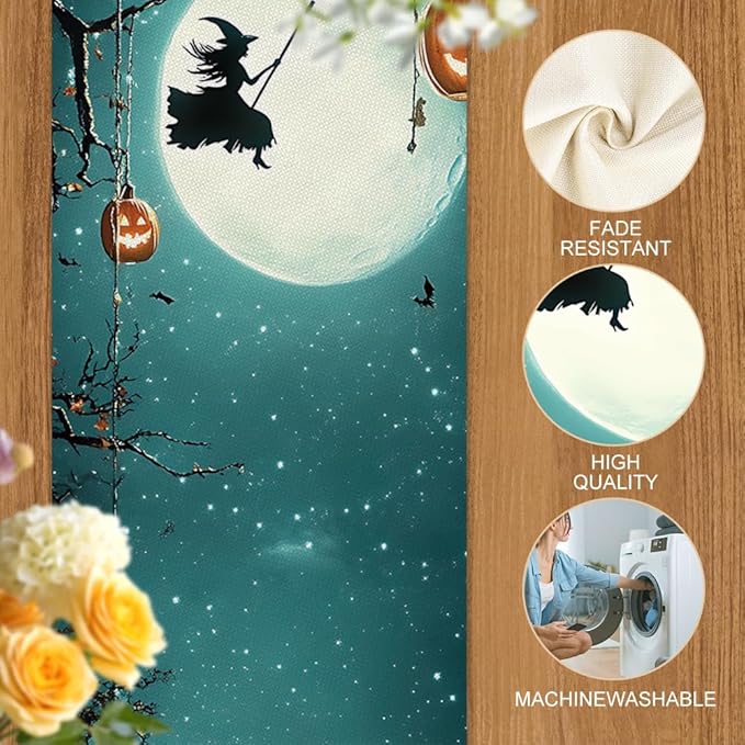 ANNA QUEEN Halloween Table Runner 13 x 72 Inch for Dining Table,Witch Pumpkin Table Runner for Halloween Table Decoration