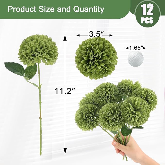 Hananona 12 Pcs Artificial Chrysanthemums Flowers Ball Flower, Fake Mums Flowers Green Silk Flowers for Home Decor Indoor Floral Arrangement St Patricks Day Table Centerpiece (12, Green)