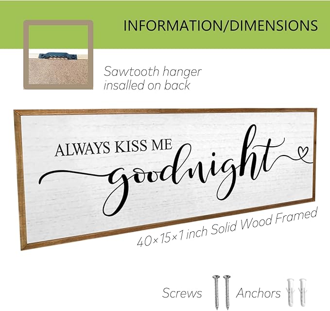 Always Kiss Me Goodnight Wall Sign 40''×15'' Vintage Master Bedroom Above Bed Farmhouse Wooden Framed Family Wall Decor for Larg Couples Over Bed Wall Art Decoration (Wood)