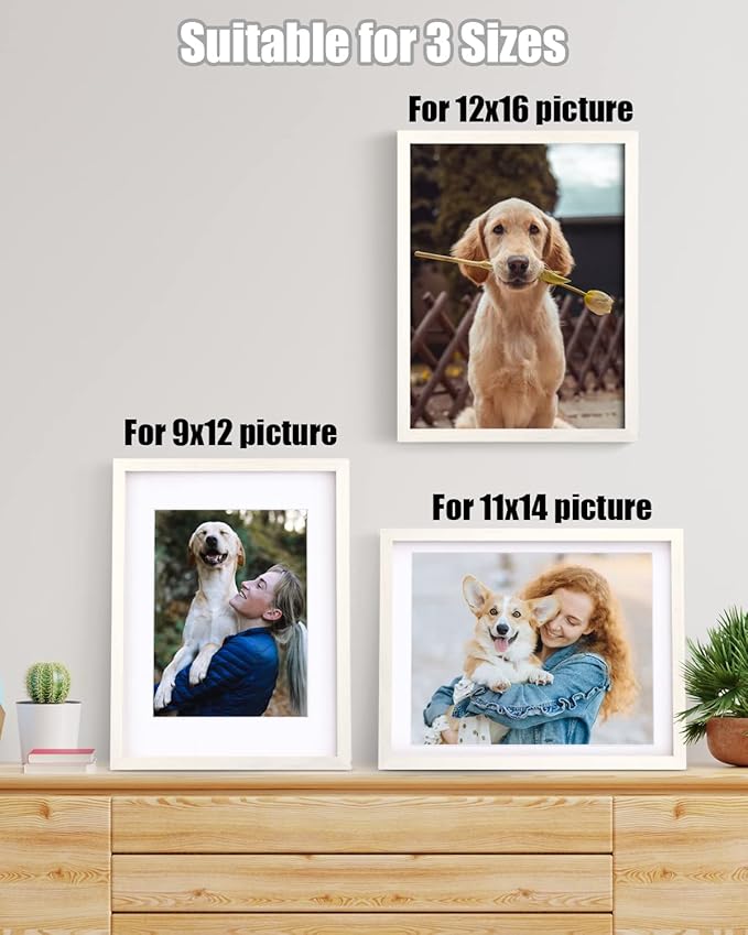 Egofine 12x16 Picture Frames Set of 4, Made of Solid Wood Covered by Plexiglass 9x12 and 11x14 with Mat or 12x16 without Mat, for Wall Mounting Photo Frame Beige