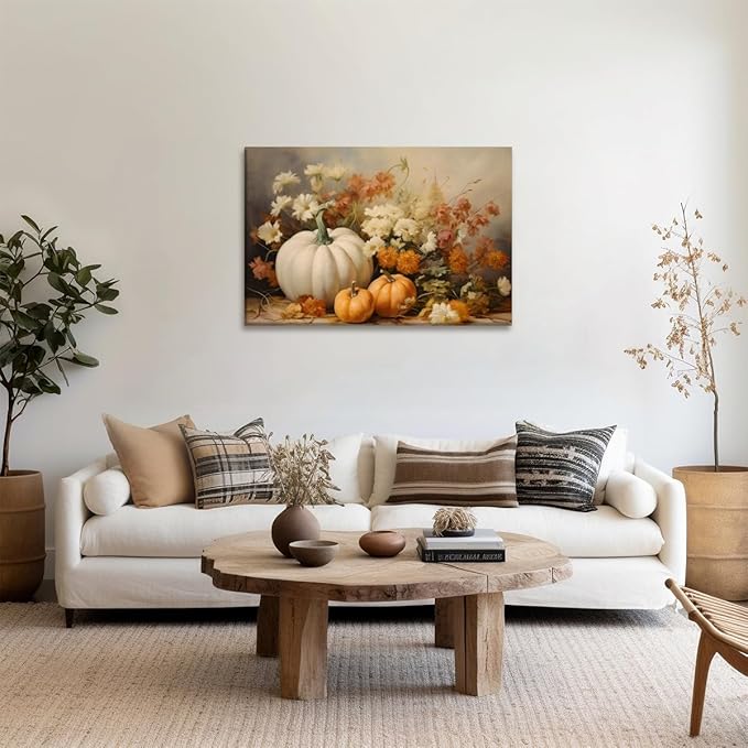 Fall Canvas Wall Art Rustic Pumpkin Posters Fall Pictures Print Dark Cottagecore Thanksgiving Wall Decor for Home Living Room 16x24inch Framed