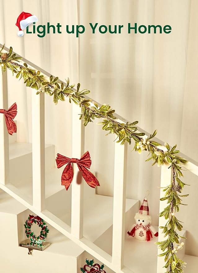 Brightown Pre-lit Christmas Garland with Lights, Battery Operated, 6Ft 20 LED Lighted Olive Greenery Garland Decorated with Snowflakes, Indoor Outdoor Christmas Lights for Mantle Stairs Wall, 2 Pack