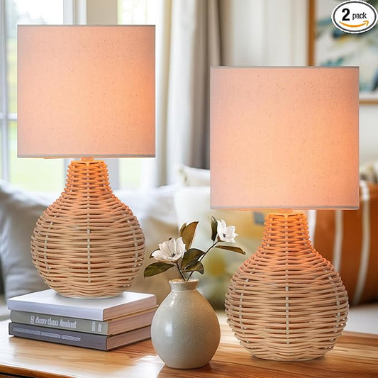 Rattan Table Lamp, Vintage Wicker Wooden Nightstand Lamp Set of 2, Boho Bamboo Woven End Table Lamp for Bedroom Living Room Desk Room