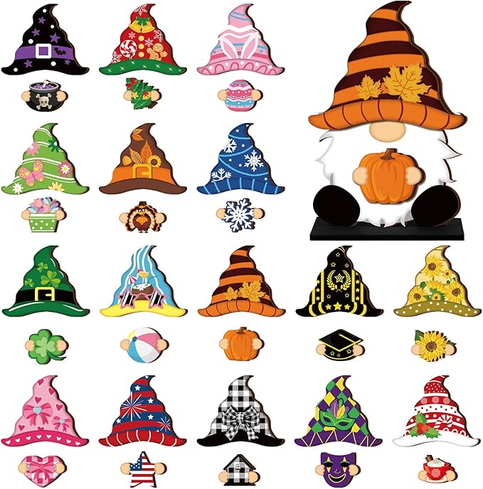 Blulu Interchangeable Wooden Gnome Decor DIY Holiday Seasonal Fall Gnomes Halloween Tiered Tray Decoration with Magnet Pieces Halloween Welcome Sign for Holiday Decorations(Stylish)