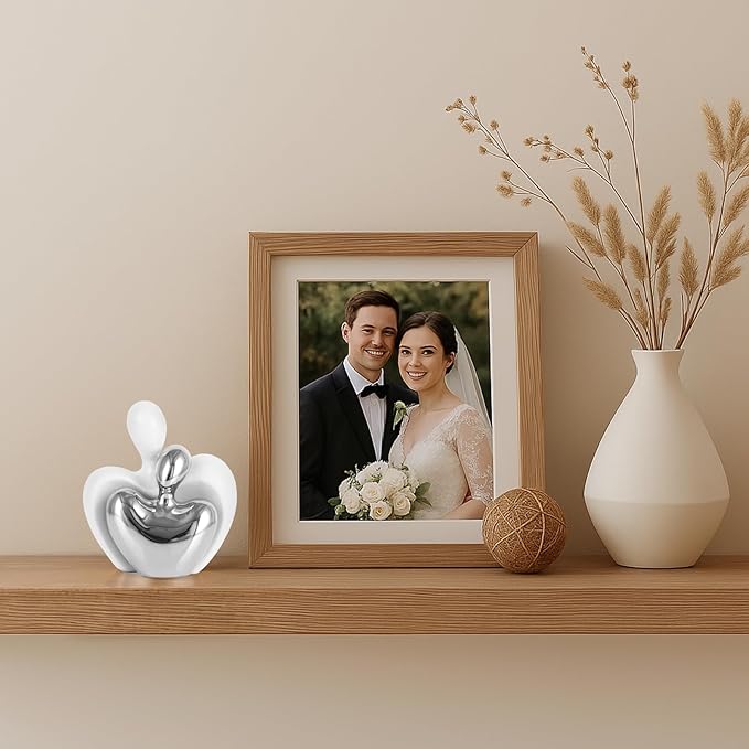White and Silver Mini Ceramic Couple Sculpture, Romantic Love Decorative Statue, Couple, Silver Home Decor, Suitable for Dresser, Bookshelf, Office, Coffee Table Desktop Decoration.