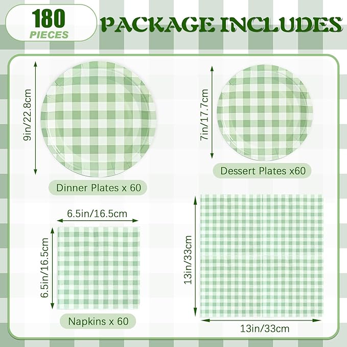 180Pcs Green Gingham Party Supplies Paper Plates and Napkins Serve 60 Disposable Tableware Set for Birthday Party Decorations Game Day Family School Holiday Sports Events