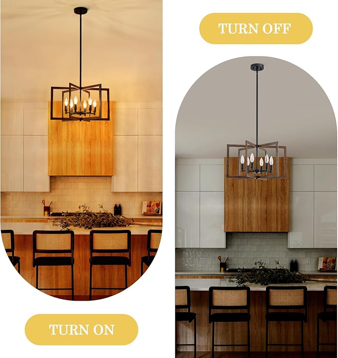 Modern Farmhouse Chandelier 20'' Black and Wood Grain 6-Light Pendant Lighting Fixture for Dining Living Room Kitchen Entryway, Geometric Metal Vintage Adjustable Hanging Chandelier Lamp