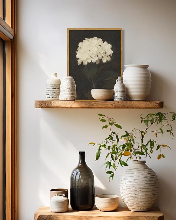 KBKBART Framed Wall Art Vintage Wall Art Room Decor, White Hydrangea Still Life Flower Canvas Oil Painting Prints, Classical Floral Wall Decor, Bedroom Bathroom Pictures Artwork（12“x16