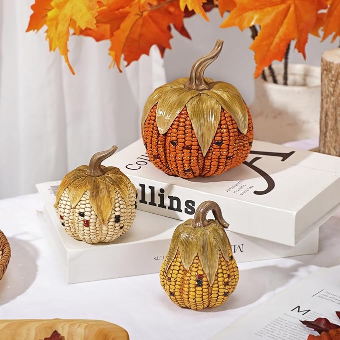 Briful Fall Corn Pumpkin Set 3PCS Resin Pumpkins Harvest Decorative Faux Corn Pumpkins for Home Thanksgiving Table Centerpiece Tray Display Indoor & Outdoor Autumn Decor