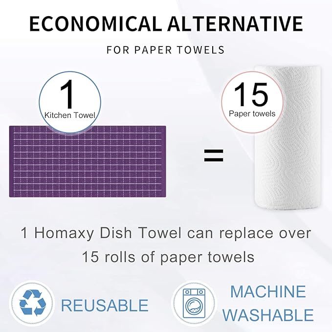 Homaxy 100% Cotton Terry Kitchen Towels(Purple, 13 x 28 inches), Checkered Designed, Soft and Super Absorbent Dish Towels, 6 Pack
