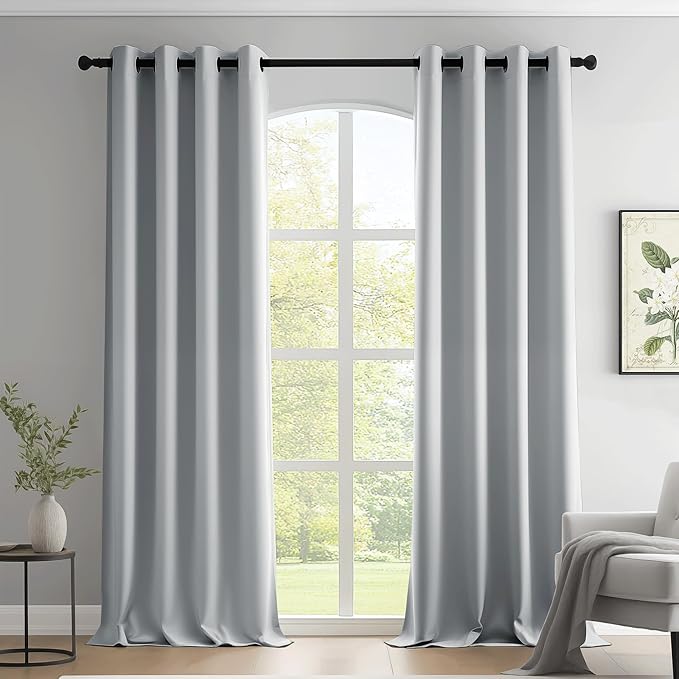Beauoop Grey 100% Blackout Curtains 96 Inch Long 2 Panels for Bedroom Living Room Solid Room Darkening Thermal Insulated Soundproof Energy Saving Grommet Top Window Treatment Drapes,52x96 2 Set
