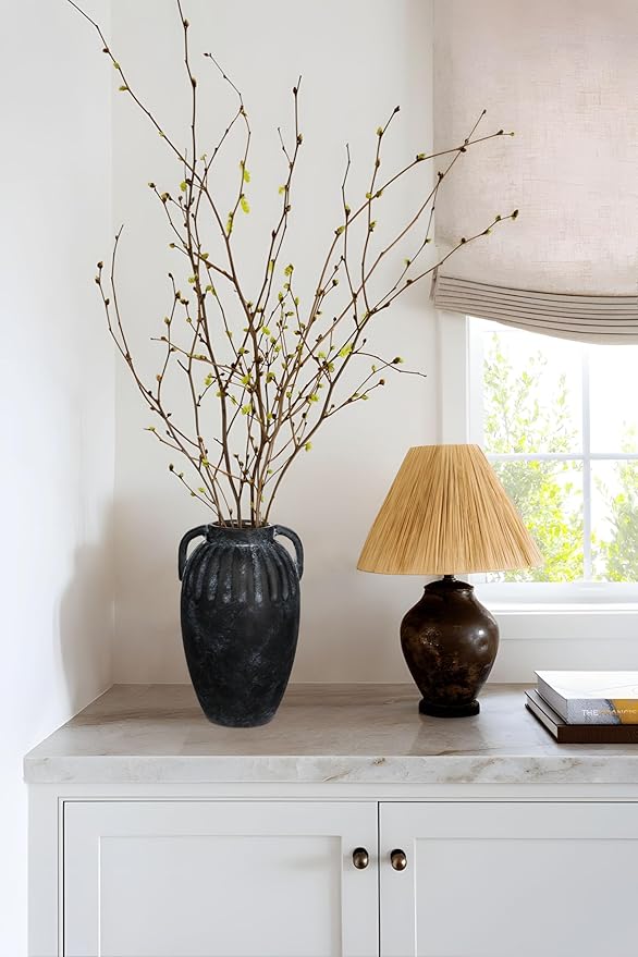 Ceramic Rustic Farmhouse Vase, 9 inch Pottery Black Flower Vase with 2 Handles for Centerpieces Pampas Grass Boho Modern Rustic Farmhouse Decor for Living Room Kitchen Countertop Dinner Table Shelves