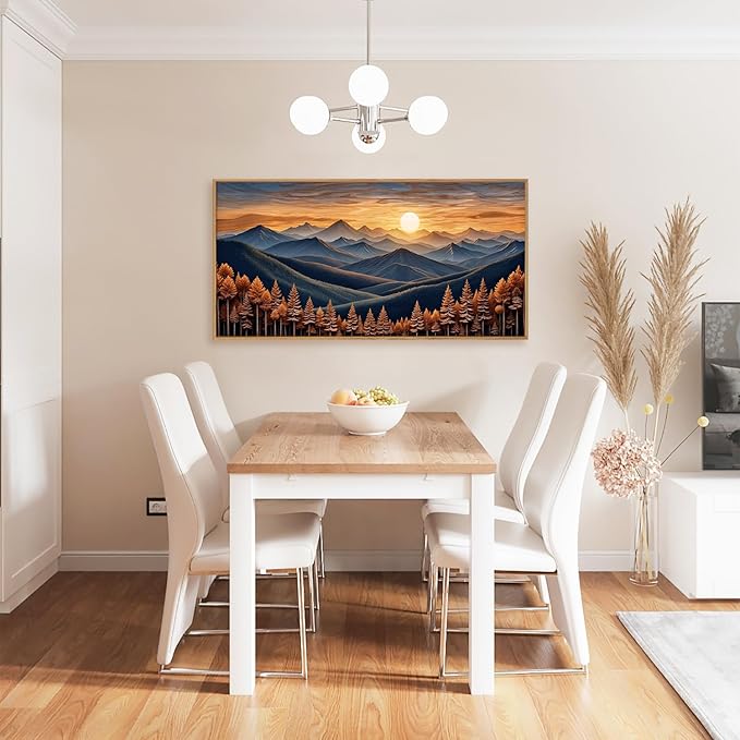 HOURIA Large Woodland Mountain Sunset Framed Canvas Wall Art Set,Wilderness Wooden Forest Landscape Wall Decor,Nature Botanical Artwork,Boho Pine Tree Art Print for Living Room,Bedroom- 20"x40"x1