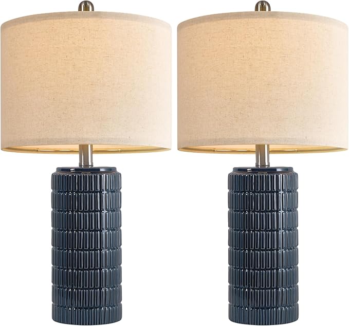 PoKat 24" Modern Ceramic Table Lamps Set of 2 for Bedroom, Blue Bedside Lamps for Night Stands, Farmhouse Desk Decor Nightstand Table Lamps for Living Room End Table Dark Blue