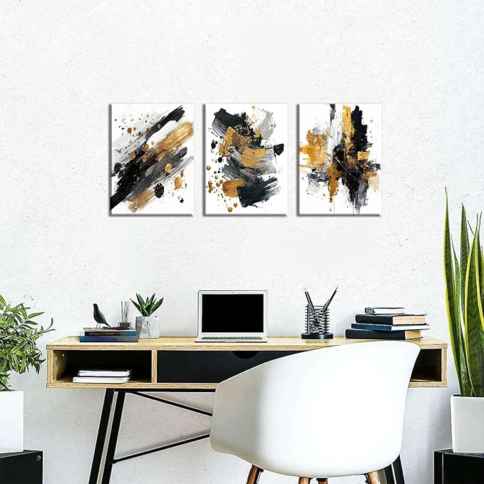 Black White and Gold Wall Art Abstrac Pictures Wall Decor Marble Ink Texture Walls Paintings for Living Room Bedroom Decor, Watercolor Gold Fluid Prints Posters Canvas Artwork Decorations 12x16” 3Pcs