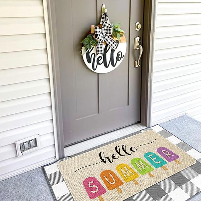 Hello Summer Front Door Mat 30x17 Inch Summer Welcome Doormat Indoor Outdoor Entrance Floor Mats Non-Slip Washable Seasonal Summer Home Decor Rugs