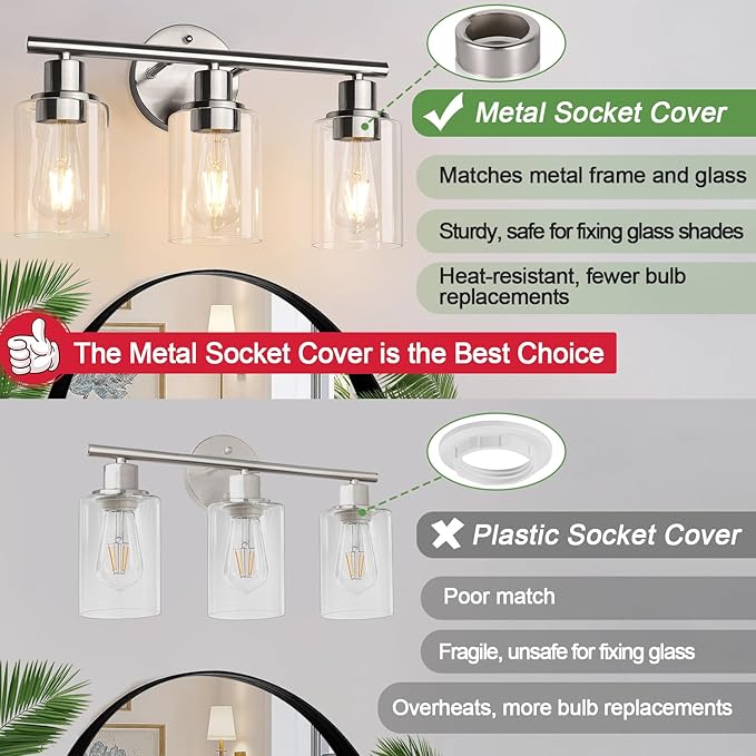 3-Light Bathroom Light Fixtures, Brushed Nickel Vanity Light, Farmhouse Wall Lights with Clear Glass Shade, Bathroom Wall Lamp for Mirror Kitchen Bedroom Hallway Living Room Hallway Cabinet
