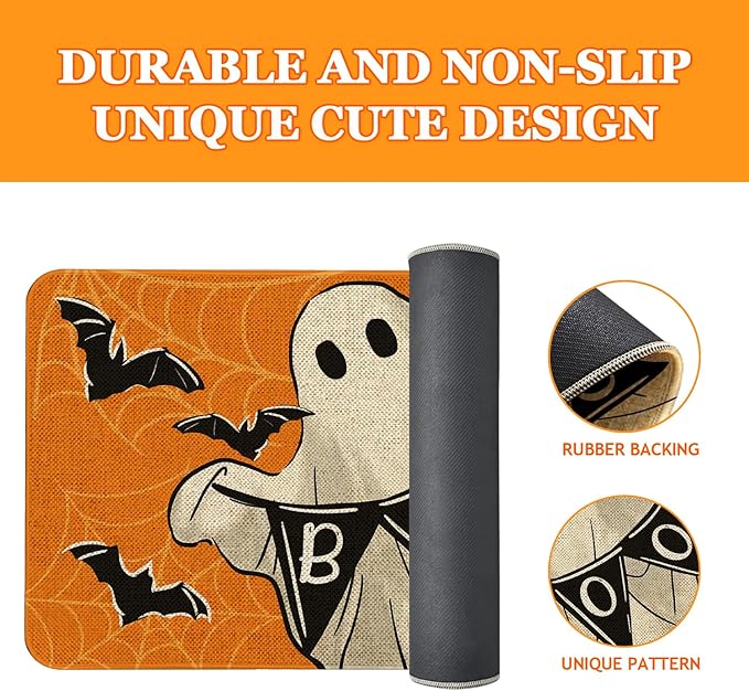 Halloween Boo Welcome Doormat 30x17 Inch Spooky Ghost Front Door Mat Indoor Outdoor Entrance Floor Mats Non-Slip Washable Seasonal Halloween Home Decor Rugs