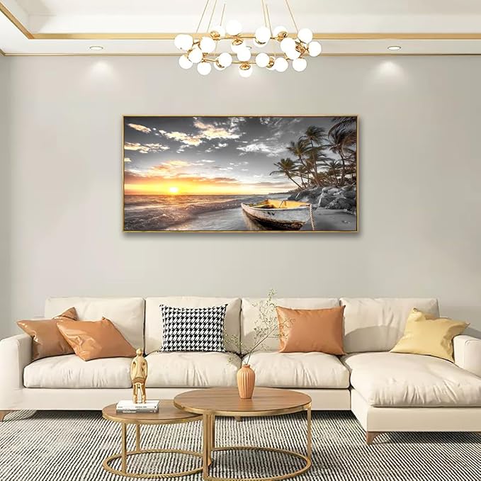 Beach Wall Art Sunset Seascape Pictures Bedroom Decor Boat Tree Ocean Landscape Canvas Wall Art for Living Room Office Natural Scenery Artwork 20 * 40inch
