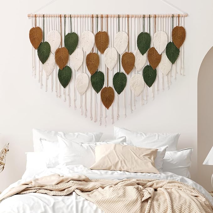 KHOYIME Large Macrame Wall Hanging Boho Woven Tapestry, Chic Home Decor Modern Bohemian Handmade Leaf Feather Wall Art Decorations for Apartment Living Room Bedroom Nursery Backdrop 51.5" W X 33.5" L