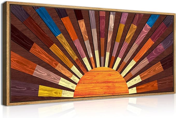 IARTTOP Extra Large Boho Sun Wood Wall Art for Living Room Wooden 3D Framed Abstract Sun Rising on the Horizon Geometric Wall Decor Mid century Sunshine Artwork Home Bedroom Office20 * 40 Inch