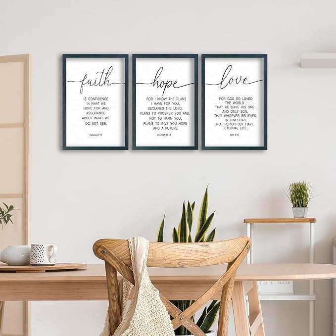 SRSZHIYUE Bible Verse Wall Decor Faith Hope and Love 16''×11'' Set of 3 Catholic Prayer Family Living Room Vintage Sign Farmhouse Scripture Quote Christian Minimalist Art Inspirational Wall Hanging (B