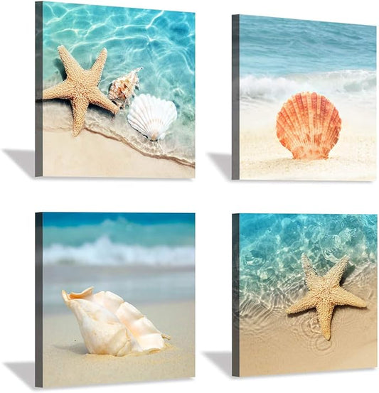 Hardy Gallery Beach Seashell Starfish Wall Art: Blue Ocean Beauties Artwork Print on Wrapped Canvas for Living Room (12''x12''x4pcs)